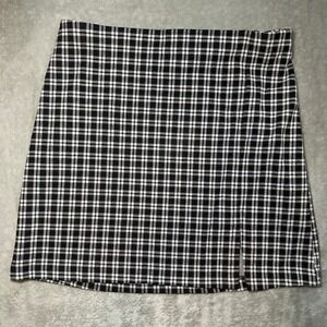 H&M Plaid Mini Skirt Women Size M Black White Side Slit Preppy‎ Academia Stretch